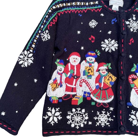 Studio Works Vtg Ugly Christmas Cardigan Sweater M Black Embroidery Front Back - Picture 6 of 11